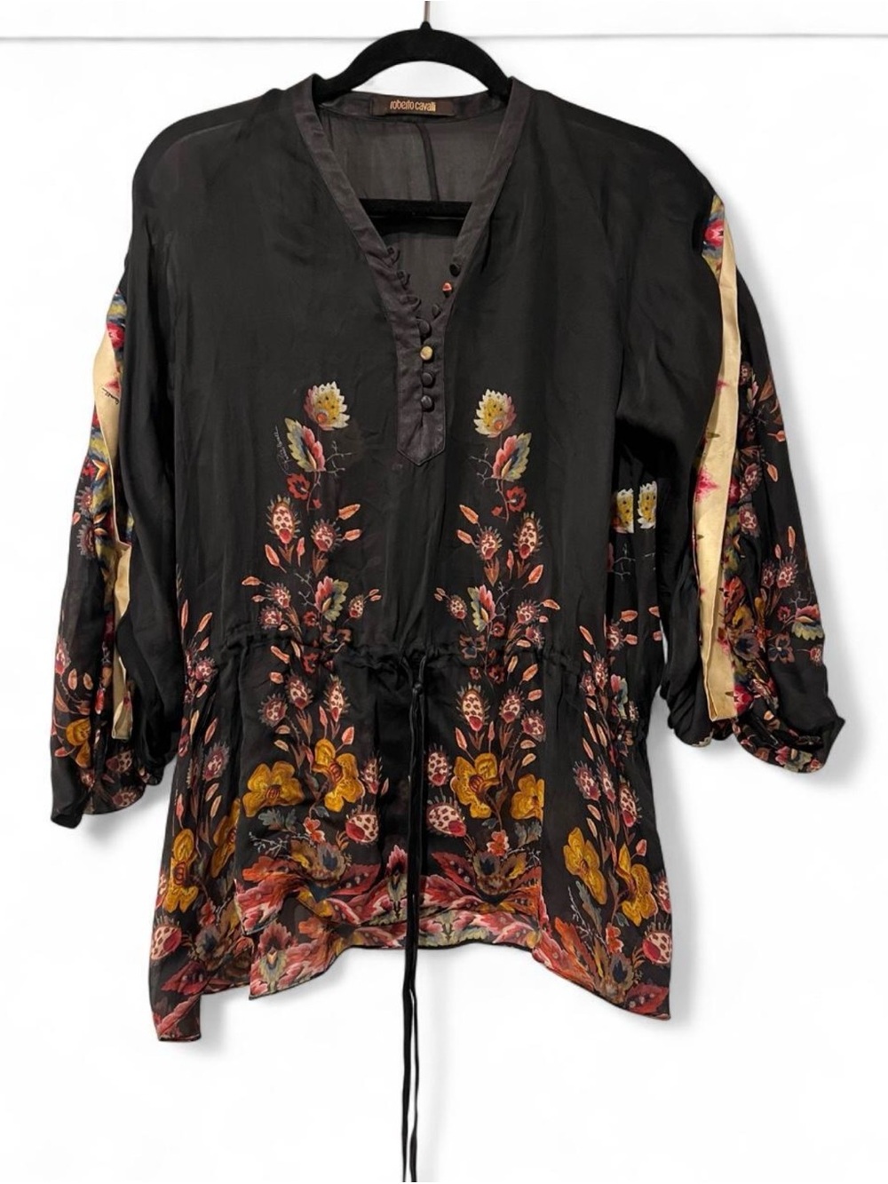 ROBERTO CAVALLI Luxury Silk Floral Paisley Drawstring Blouse - Size IT 38 / US 2